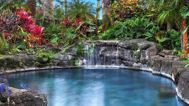 A tropical garden with a small waterfall and a clear pool. - Pinnacle at Poipu -  6 Bedroom Luxury Estate - Amazing Views & Salt Water Pool! (Koloa)