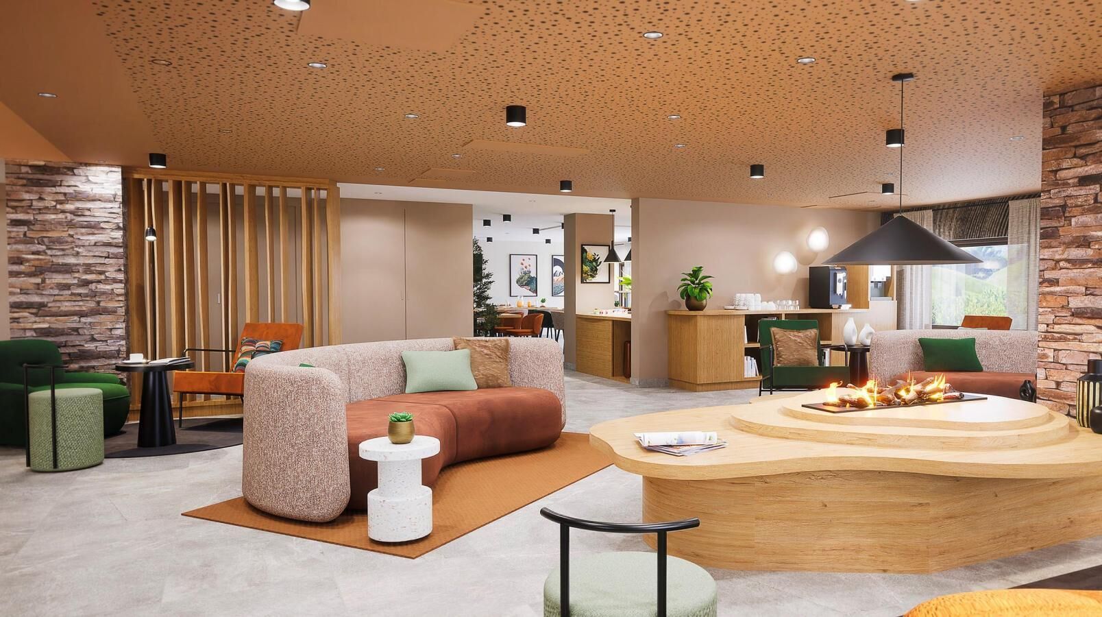 Un espacio lounge moderno con sofá, mesa de centro y disposición de asientos.