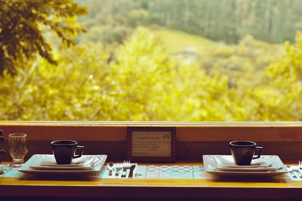 Une table dressée avec une tasse, une soucoupe et des couverts, offrant une vue pittoresque par la fenêtre.