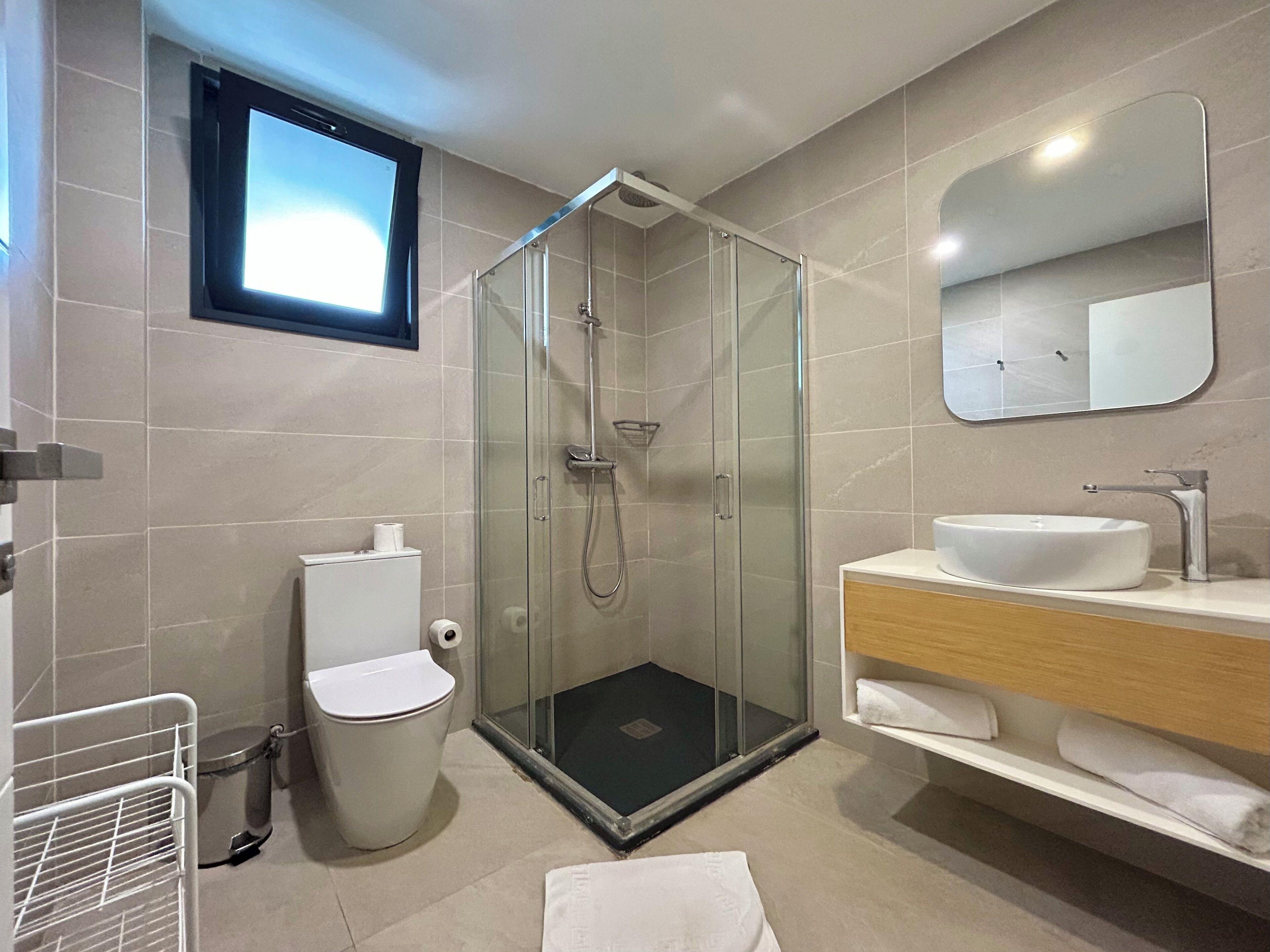 A modern bathroom with a glass-enclosed shower, a toilet, a sink, and a mirror.