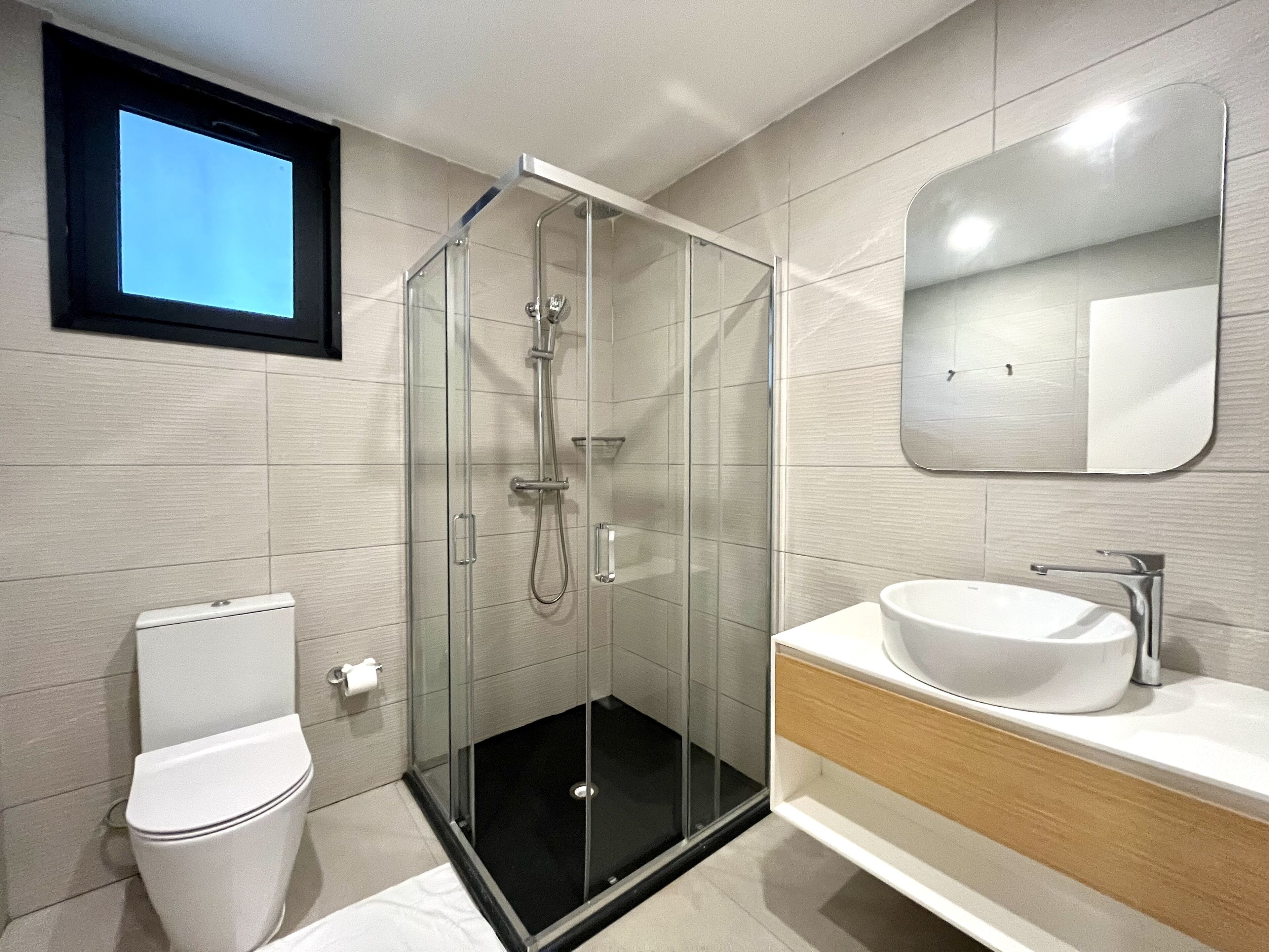 A modern bathroom with a glass-enclosed shower, a toilet, and a vanity with a sink.