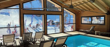 Indoor pool, open 11:00 AM to 8:30 PM, pool loungers