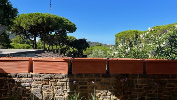 A stone wall with a wooden fence and a pergola providing shade. - HOUSE OLEANDRI 200m from the beach (PUNTA ALA)