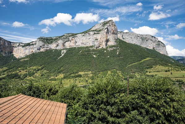 Un paysage de montagne caractérisé par un sommet rocheux imposant et une végétation luxuriante.