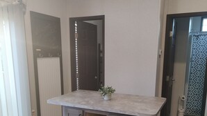 Un bany modern amb taulell de marbre, una planta en test i un paviment de fusta.