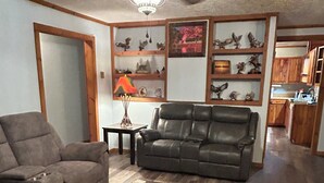 Una sala de estar con un sofá de cuero oscuro, un sillón gris, una mesa de centro y un tapete estampado. En el techo, una araña de luces y, al fondo, estanterías con objetos decorativos.