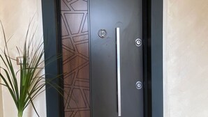 Una porta moderna amb dibuixos geomètrics i un pom, flanquejada per una planta en test i un llum fixada a la paret.