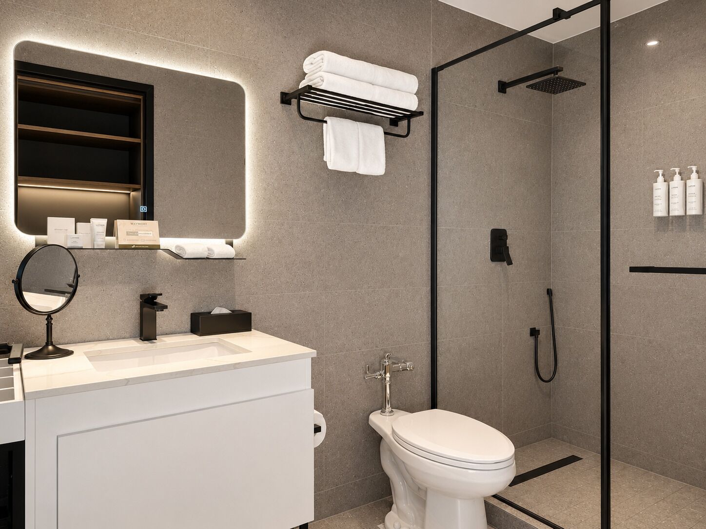 Un baño moderno con inodoro, lavamanos, espejo, toallero, ducha y artículos de aseo.