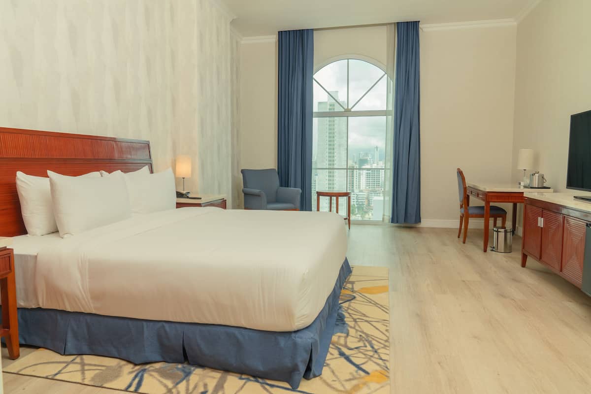 Relax in this spacious room with a large bed, desk, and city view.