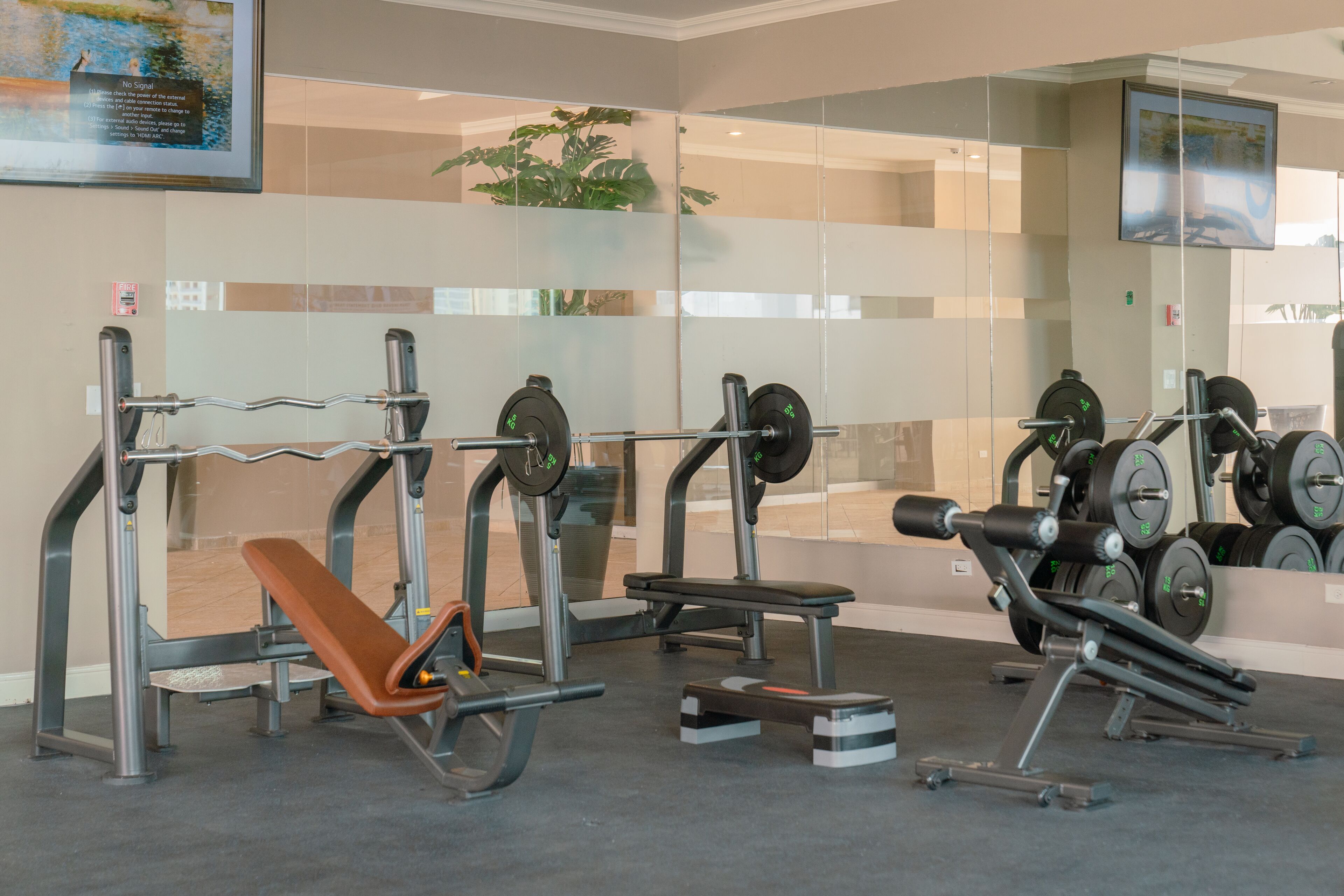 A gym with weightlifting equipment, benches, and a mirrored wall.