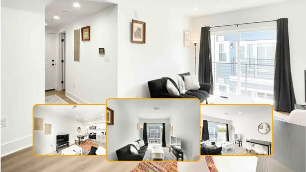 A modern apartment with a living room, kitchen, and dining area. It features a large window with curtains, a black sofa, and a dining table. - Cozy Petworth Stay with Balcony & Courtyard View (Washington)