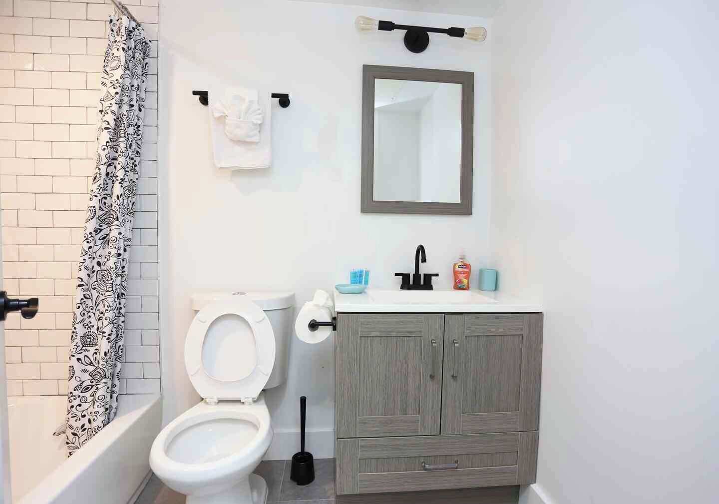 Hair dryer, towels, soap, shampoo