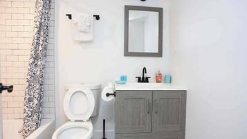 Hair dryer, towels, soap, shampoo
