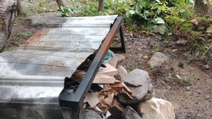 Un banc de metall en una zona boscosa amb un rierol i roques.