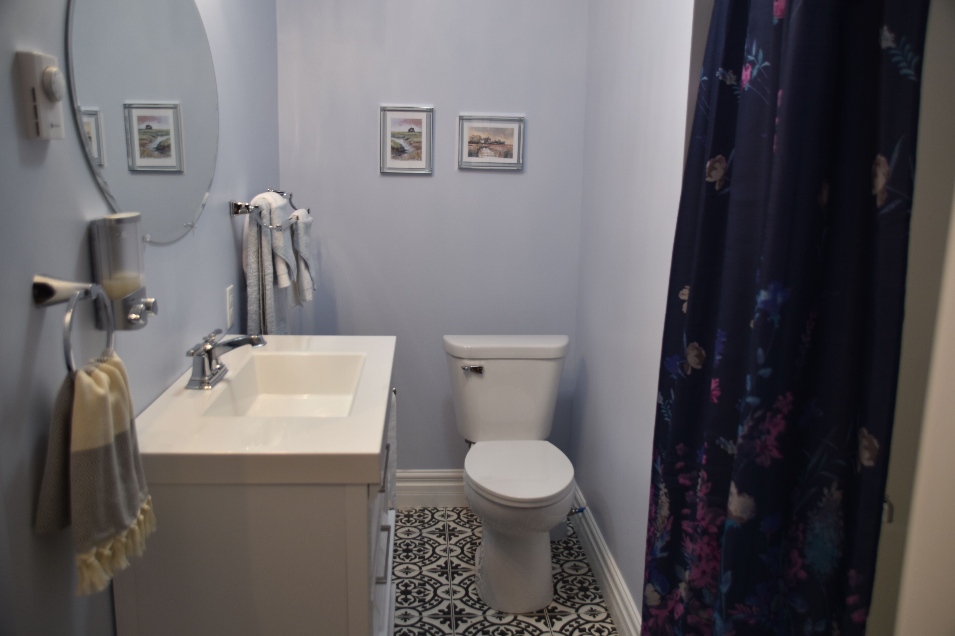 A bathroom with a sink, toilet, and two framed pictures on the wall.