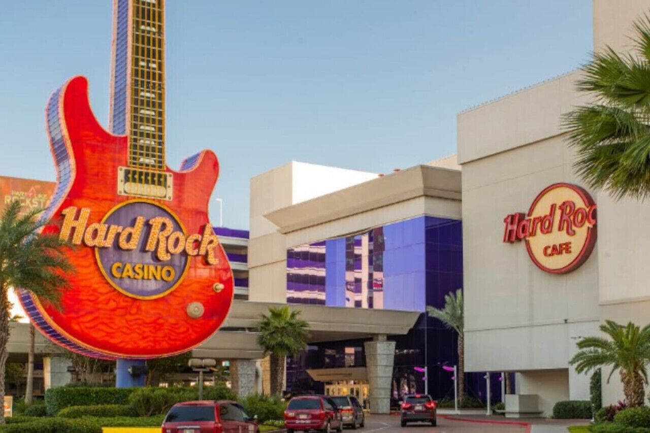 A Hard Rock Casino building with a prominent guitar-shaped sign.