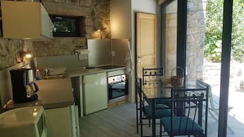 Fridge, stovetop, dishwasher, coffee/tea maker