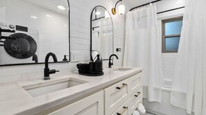 Hair dryer, towels, soap, shampoo