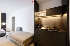 Mini-fridge, microwave, espresso maker, electric kettle