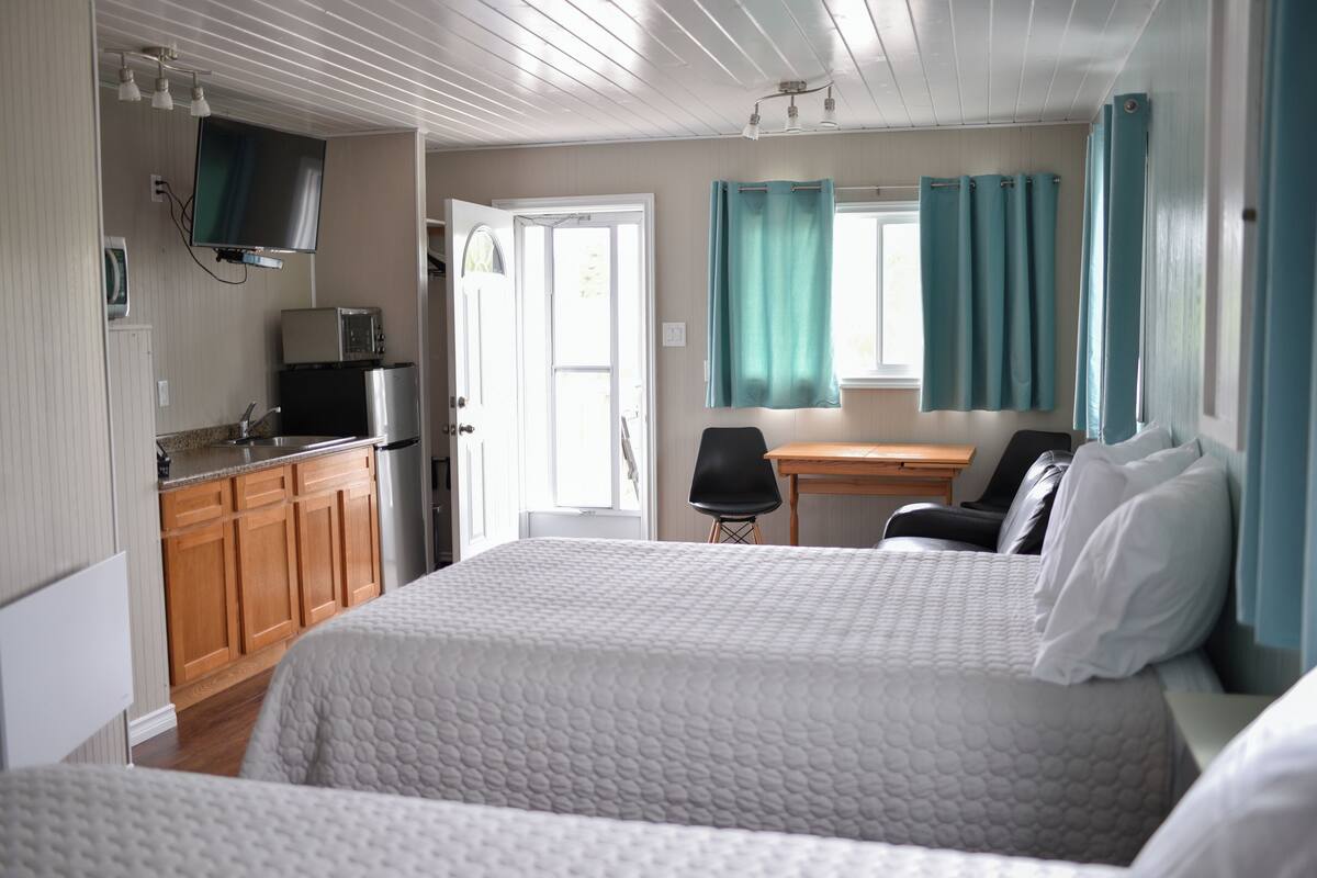 A bedroom with two beds, a kitchenette, a television, and a window with curtains.