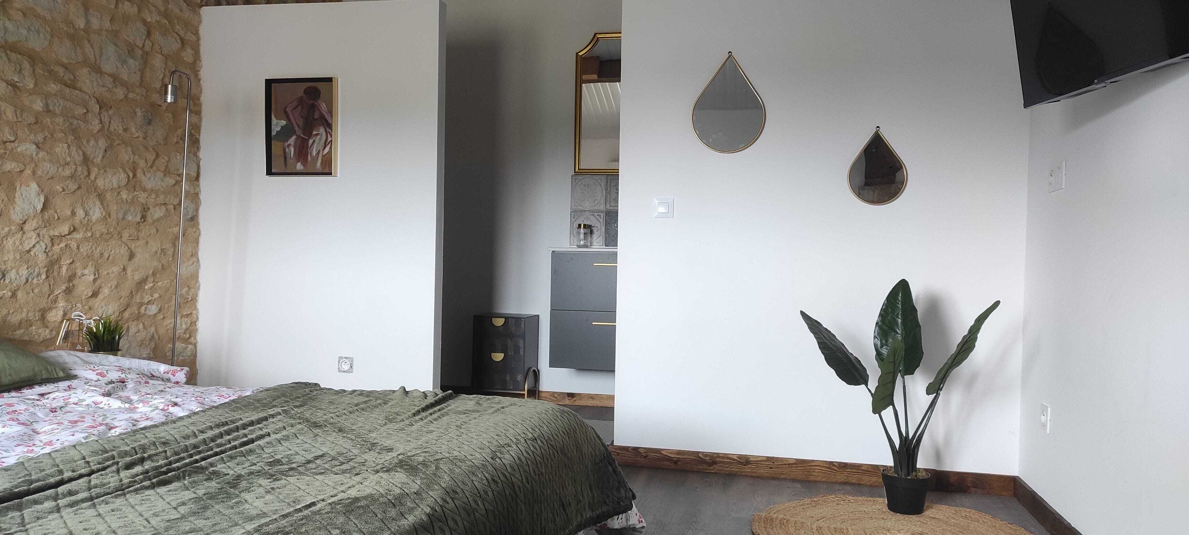 A bedroom with a bed, a potted plant, a mirror, and a stone wall.