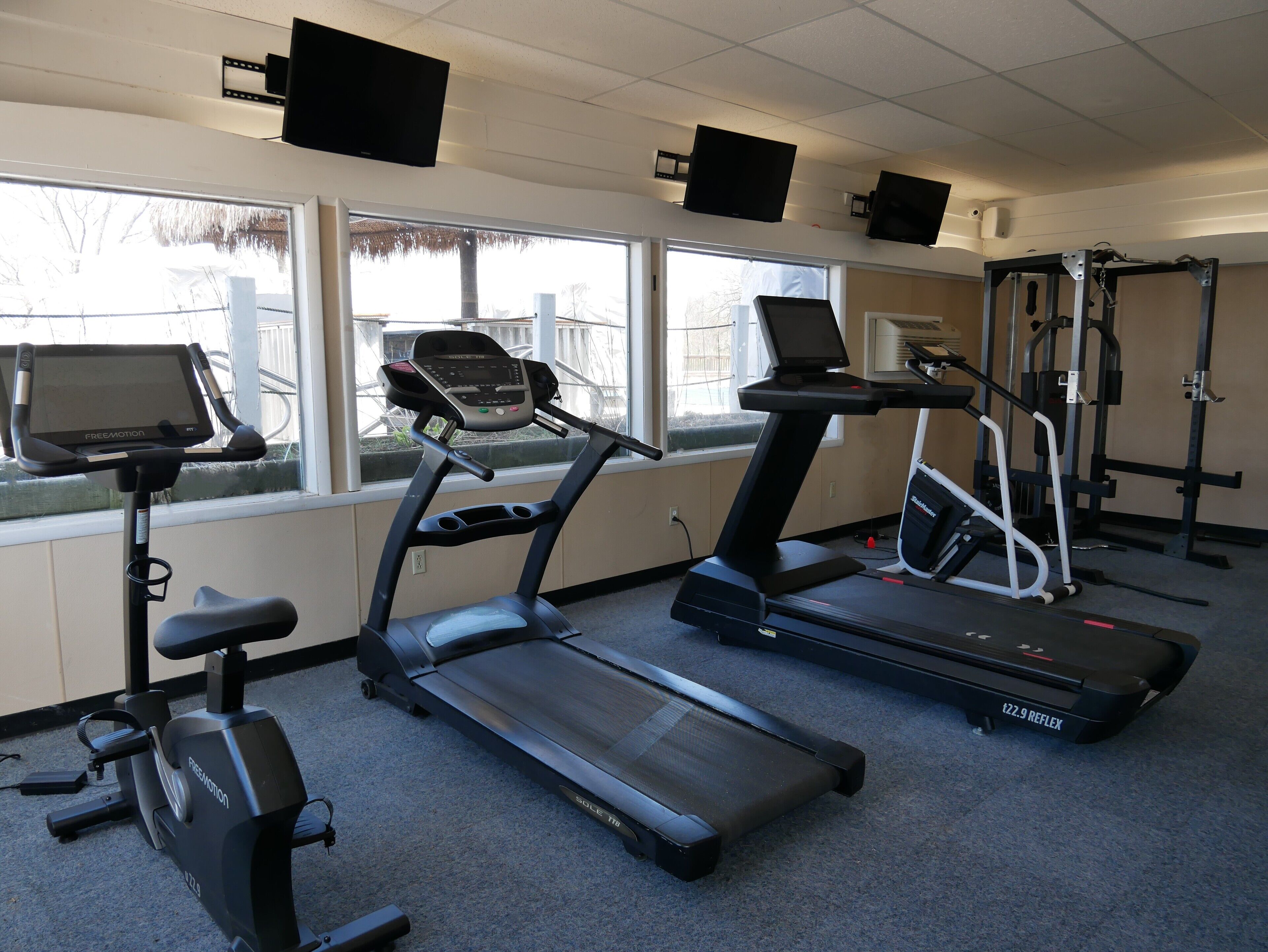 A fitness room with treadmills, a stationary bike, and weight machines.