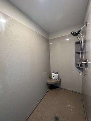Een douche, een haardroger, handdoeken, zeep