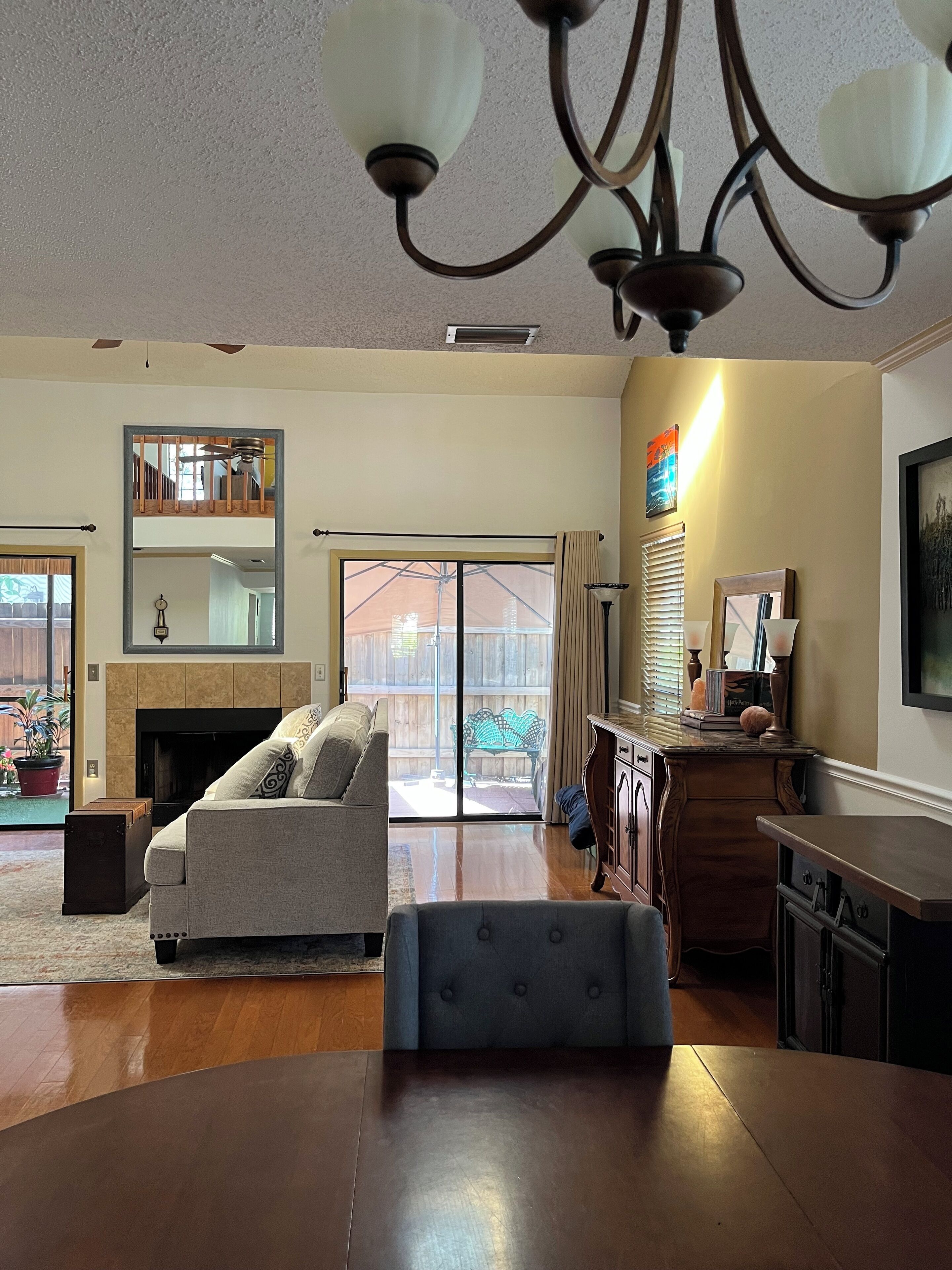 Smart TV, fireplace, DVD player, books