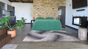 Una habitación moderna con cama, pared de piedra, televisor y una zona de cocina.