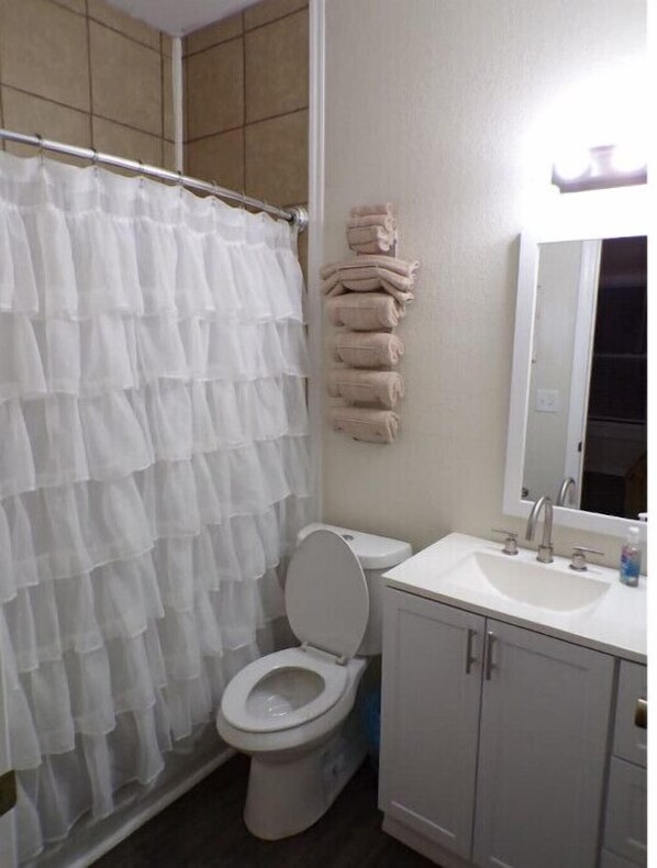 A bathroom with a toilet, sink, and mirror. - "Old Florida" Getaway
(Arcadia)