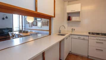 Fridge, oven, dishwasher, cookware/dishes/utensils