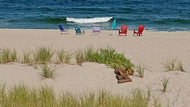 Une plage avec plusieurs chaises de plage et des parasols, une étendue de sable et l’océan en arrière-plan.