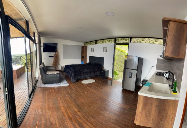 A modern room with a bed, a sofa, a TV, and a kitchen area with a sink and refrigerator.