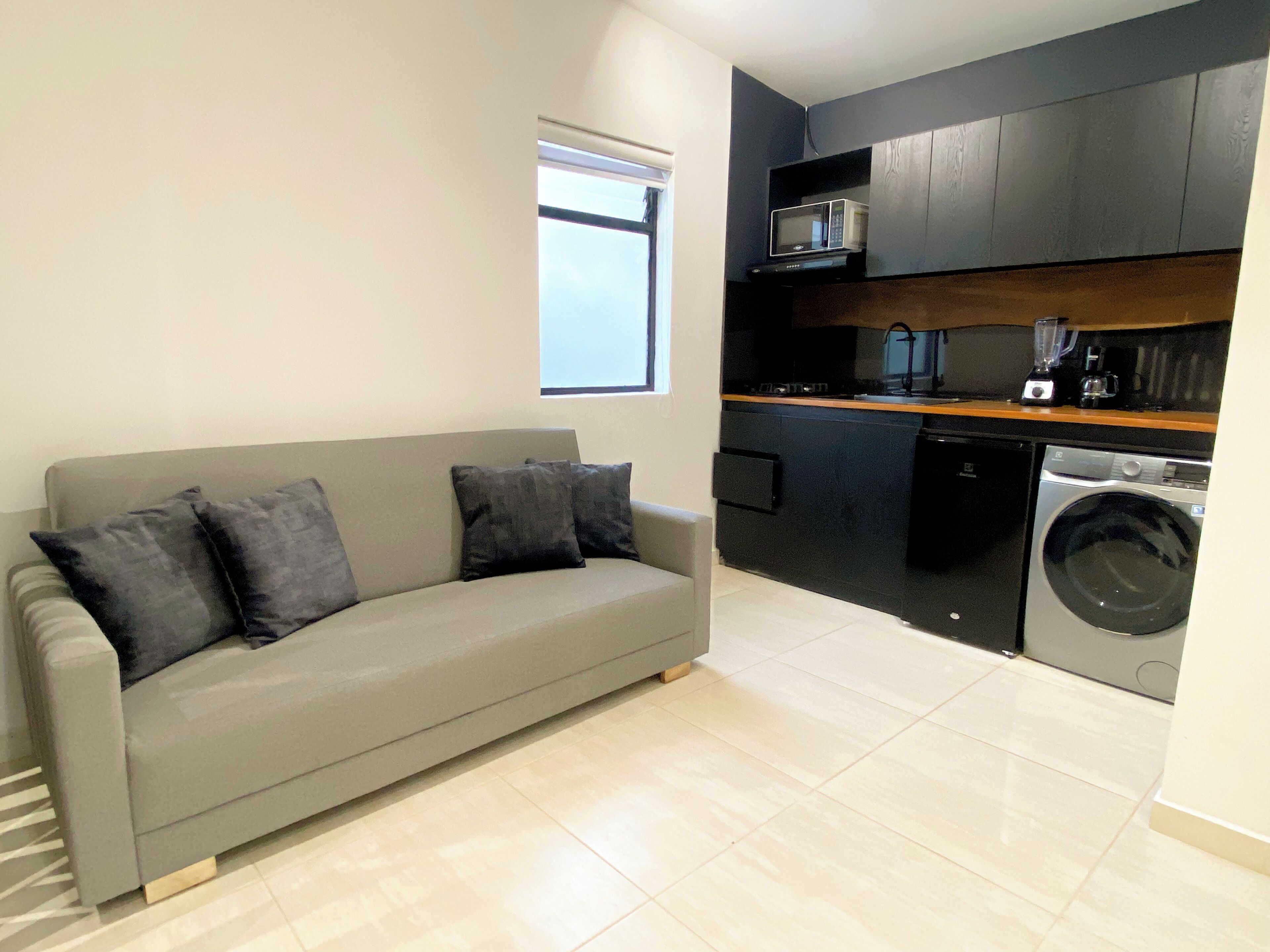 A compact living space with a grey sofa, a washing machine, and a kitchen area including a microwave and a blender.