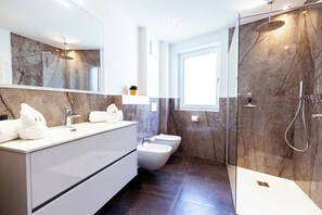 Regadera, secadora de cabello, bidet, toallas 