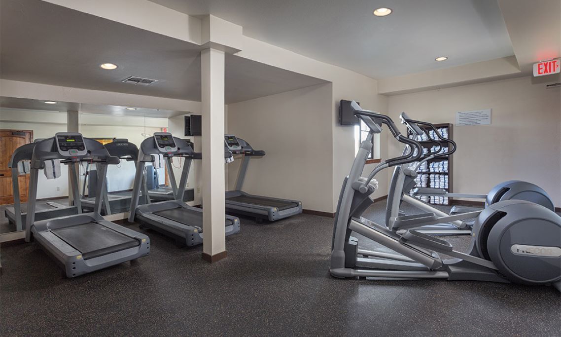 Ein Fitnessraum mit Laufbändern, einem Ergometer und einer Spiegelwand.