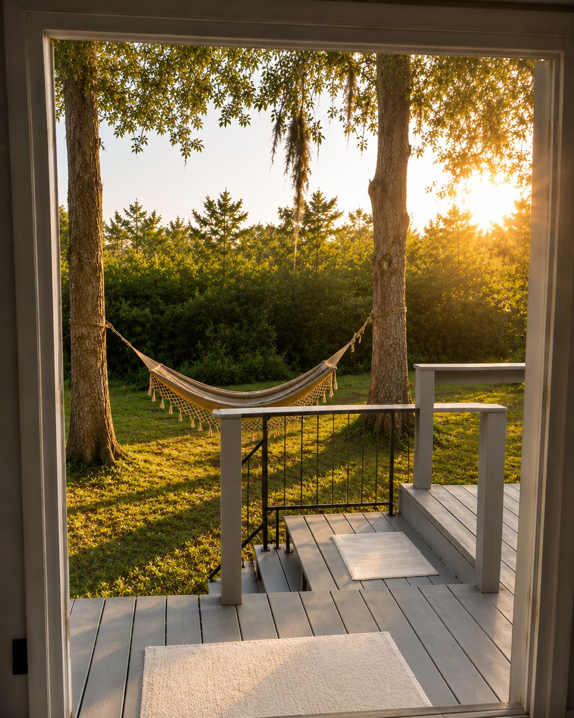 Una terraza de madera con una hamaca, escalones y vistas a árboles y follaje.