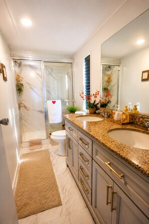 A bathroom with a marble shower, a large sink with a granite countertop, and a mirror. - Rural • Private MasteRoom • Pets Friendly • Free Parking (Hawthorne)