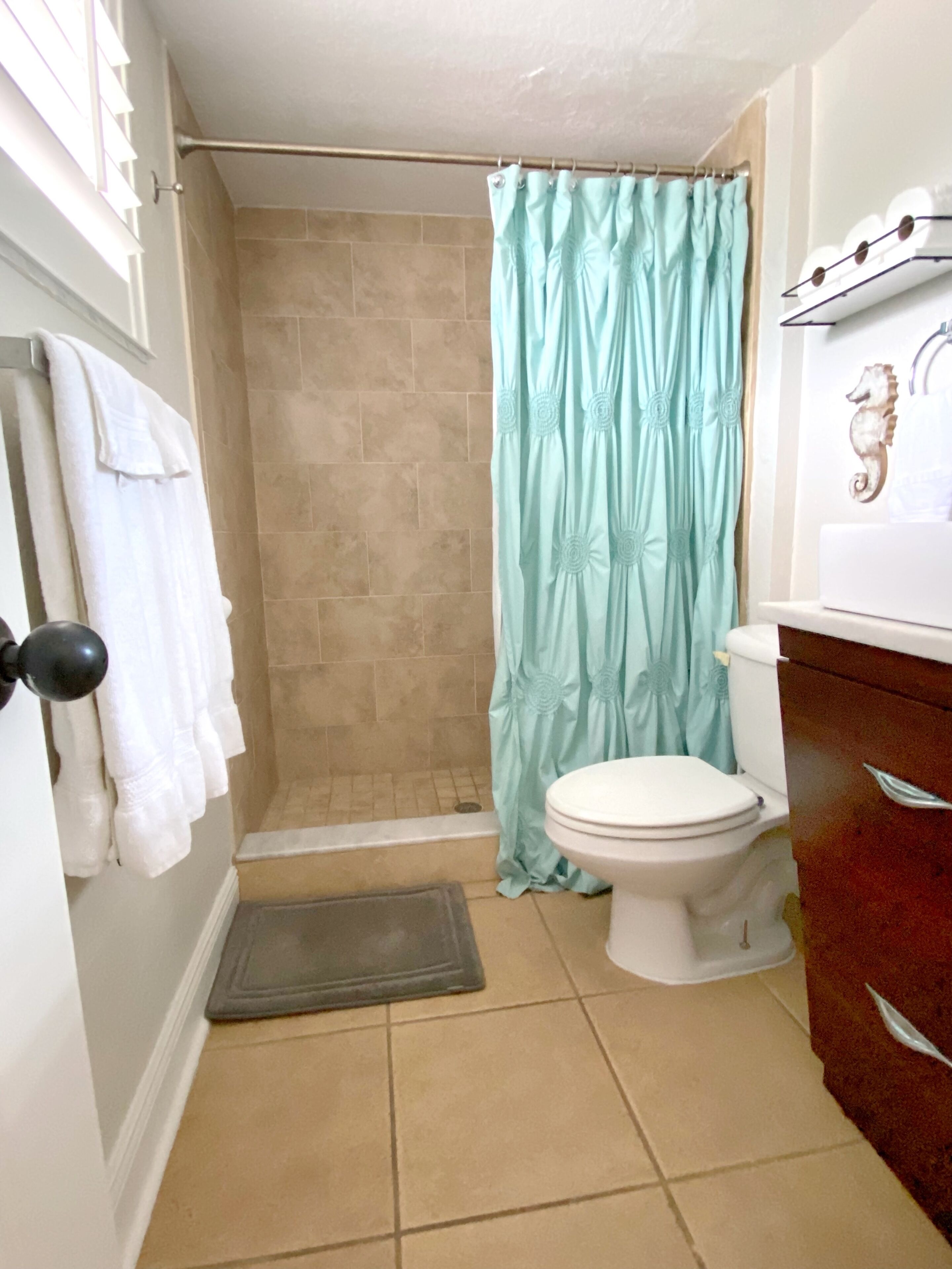 A bathroom with a shower, toilet, and a vanity with a seahorse decoration.