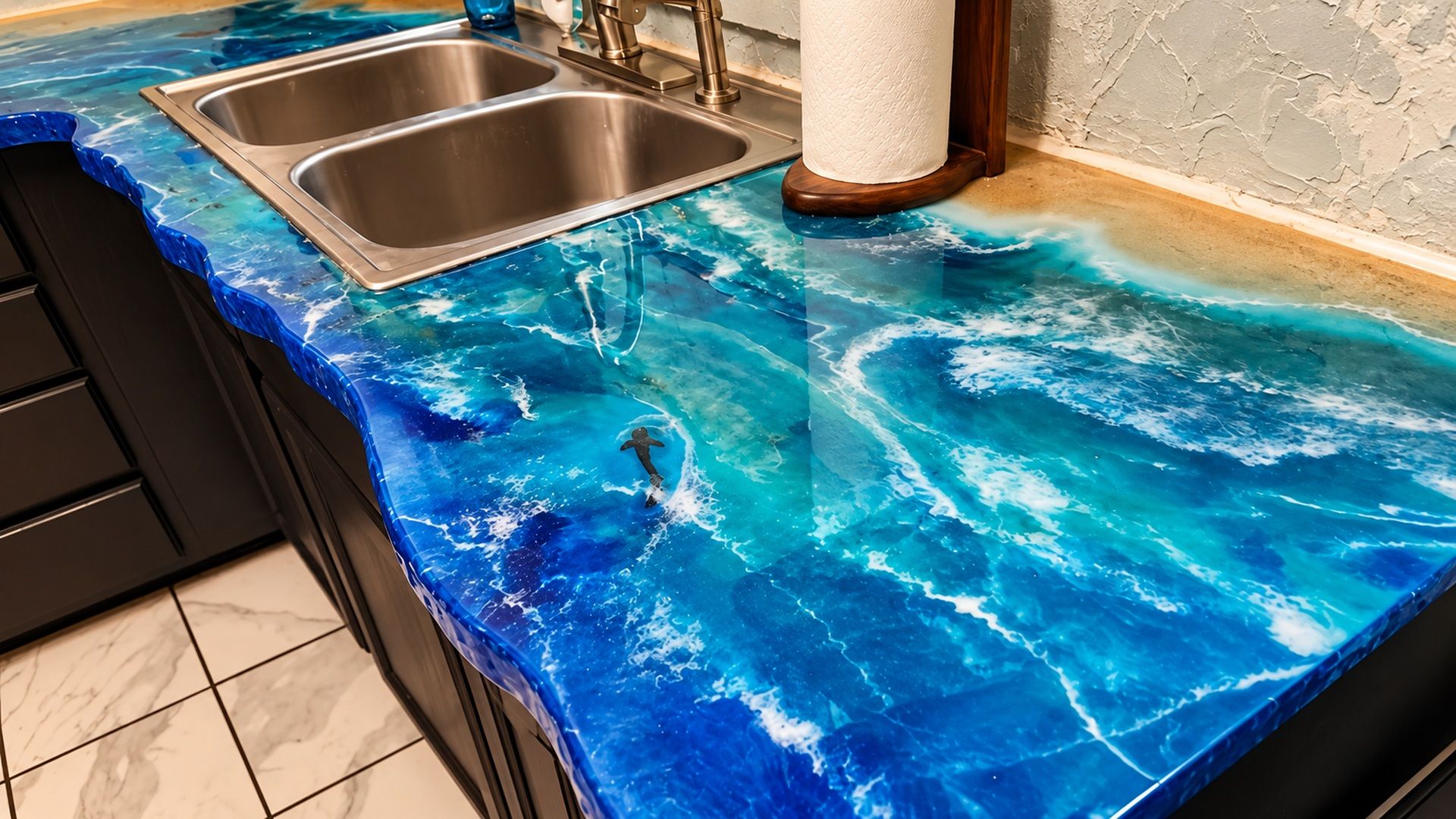A kitchen with a blue marble countertop and stainless steel sink.