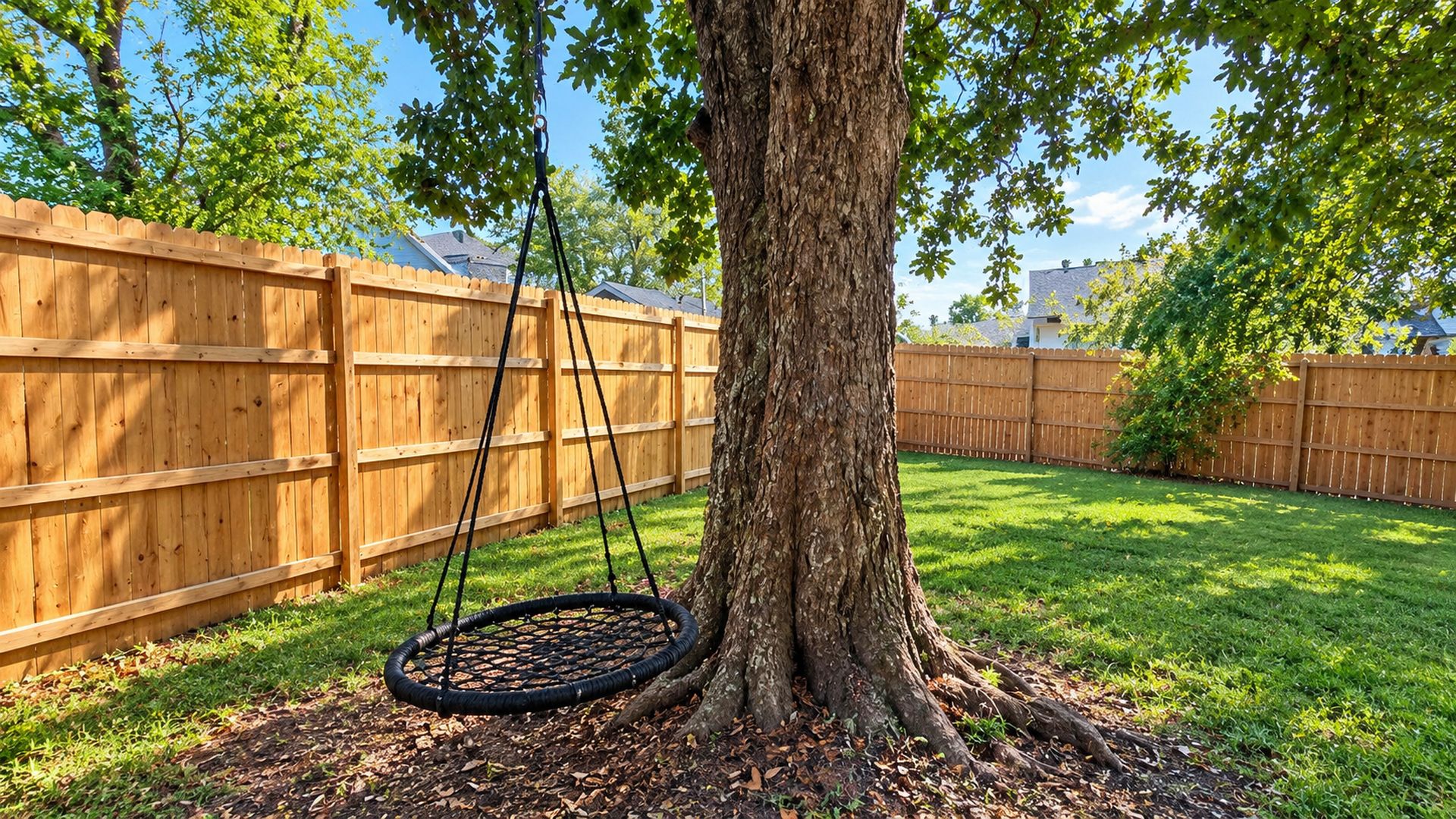 A backyard with a wooden fence, a tree, and a swing set.