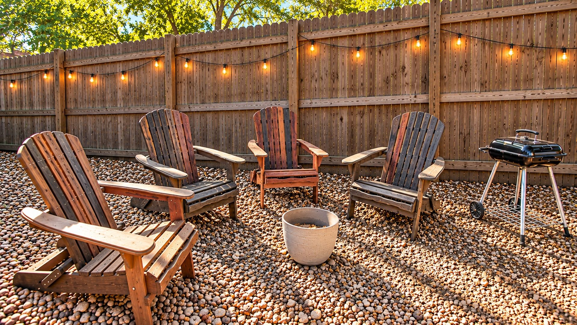 Un espace extérieur aménagé avec des chaises Adirondack, un barbecue et des guirlandes lumineuses.