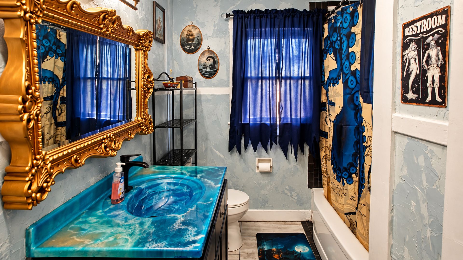 A bathroom with a large ornate mirror, a blue-tiled sink, a toilet, and a shower area.
