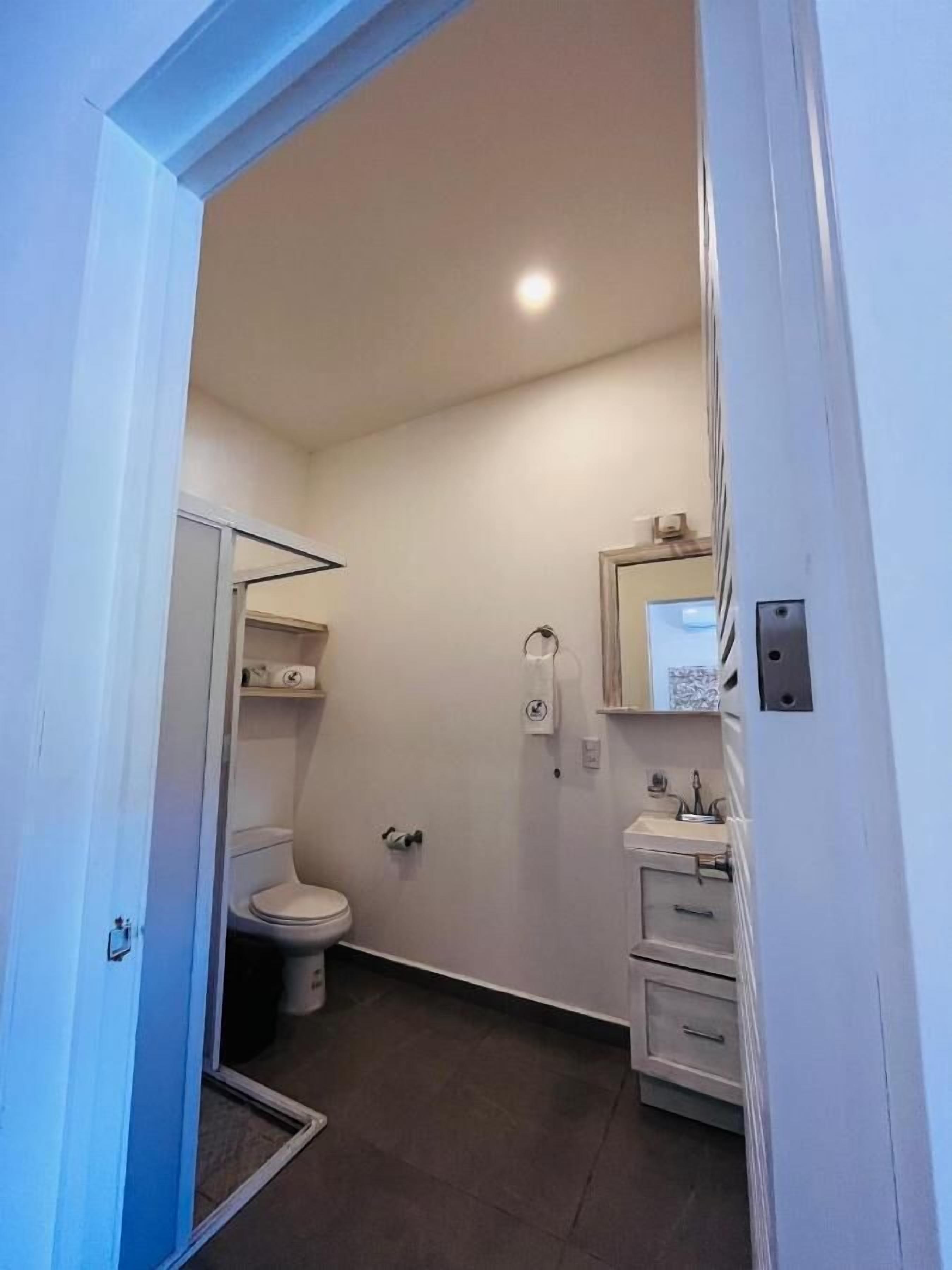 Un baño pequeño y limpio, con inodoro, lavabo y ducha.