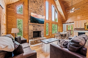 Smart TV, fireplace, video games, DVD player