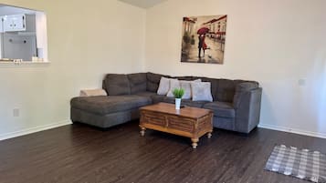 Smart-TV, Kamin, Bücher, Musikbibliothek