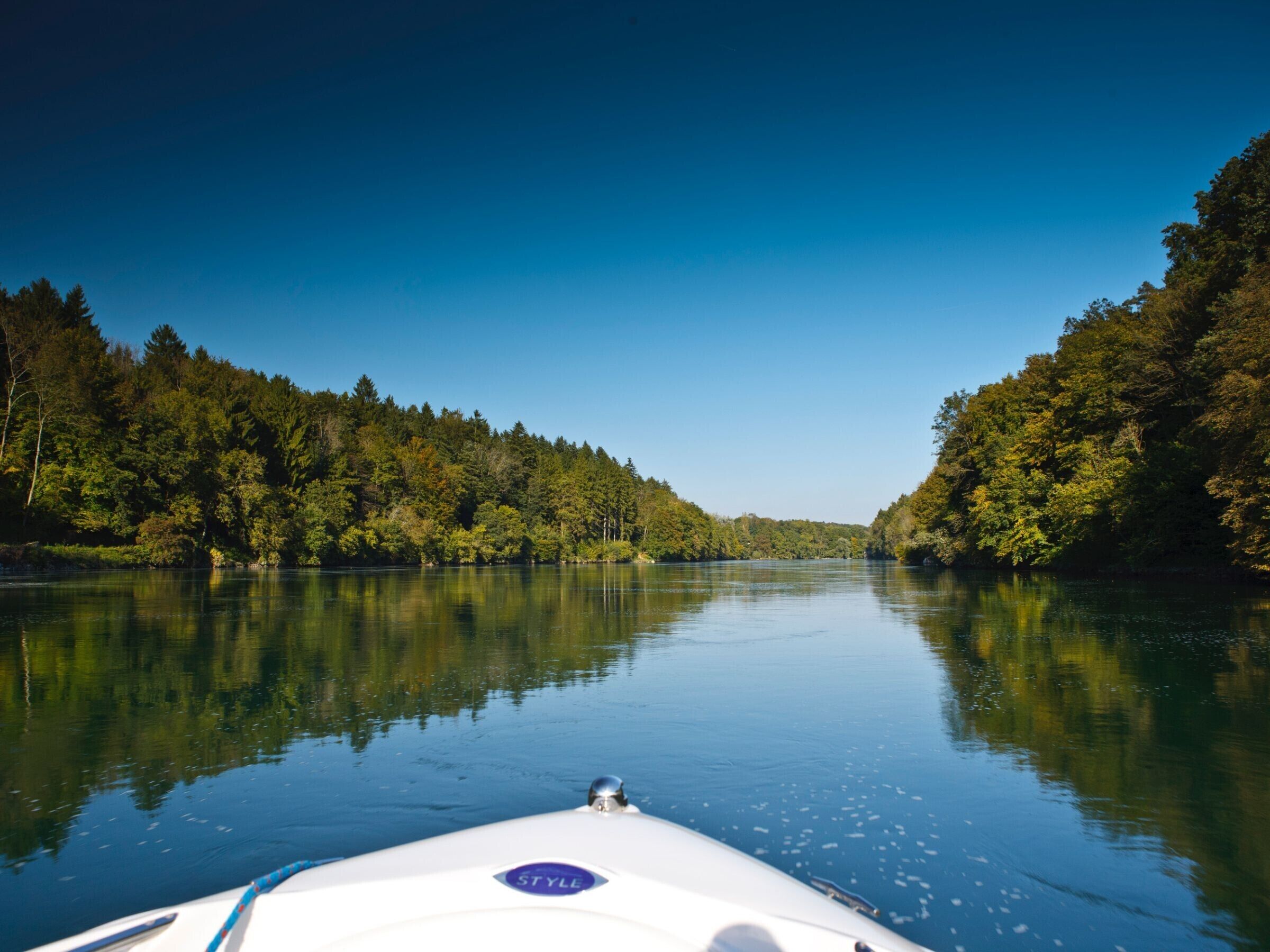 A calm river with dense forest on both sides, viewed from a boat.