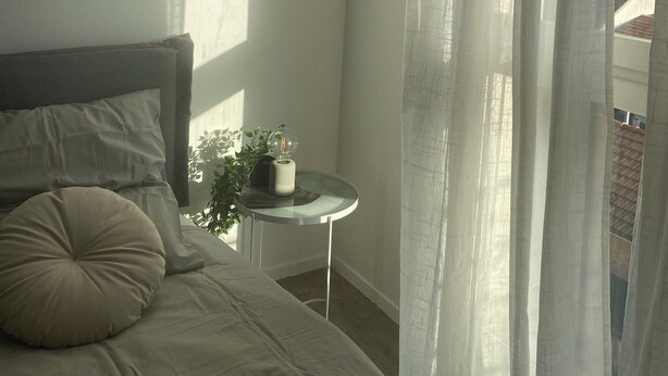 Une chambre à coucher avec un lit, une table de chevet ornée d’une plante, un tableau encadré au mur et des rideaux légers.
