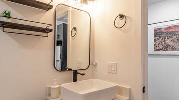 Une salle de bain avec un lavabo blanc, un miroir et une étagère sur laquelle est posée une plante.