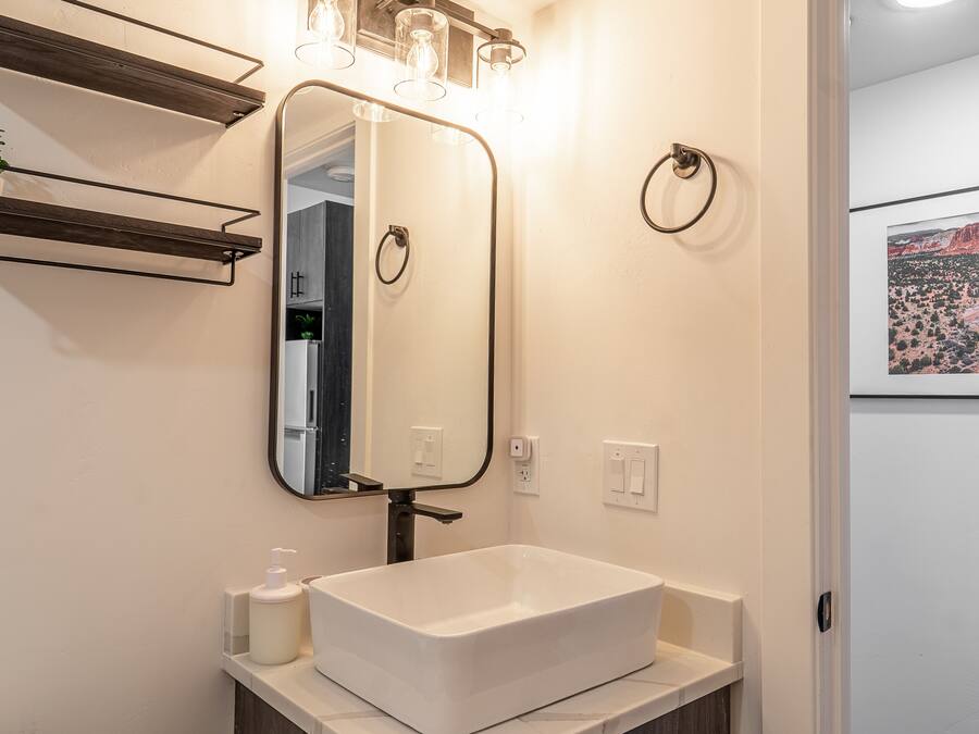 Une salle de bain avec un lavabo blanc, un miroir et une étagère sur laquelle est posée une plante.